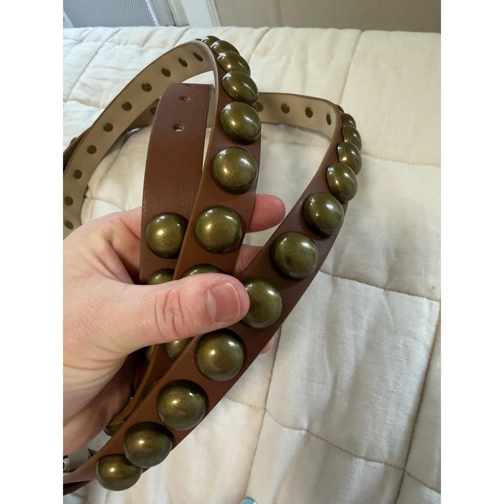 Brown Double Wrap Belt M Brass Dome Studded Faux Leather Boho Western Y2K Womens
